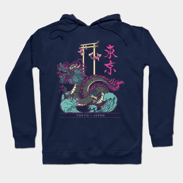 Japanese Tokyo Dragon Asian inspired Neon retro 80’s style Hoodie by bigraydesigns